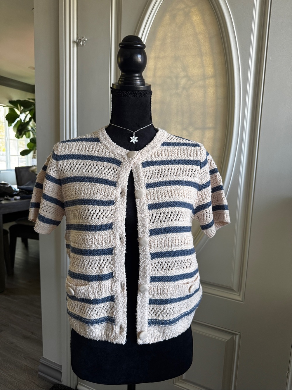 And Now This Women's Button-Up Striped Cardigan - Cream and Blue